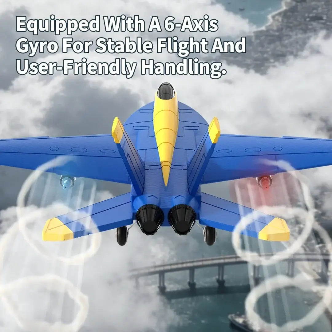 Blue and yellow remote control f18 hornet foam glider jet with black engine intakes shown from the back side