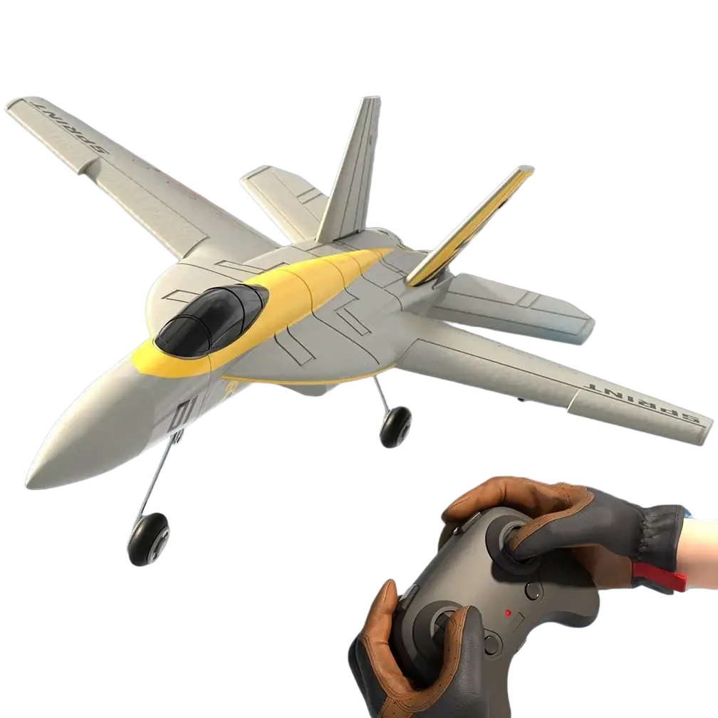 Remote control f18 hornet foam glider jet in gray and yellow with detailed wings landing gear and black cockpit canopy