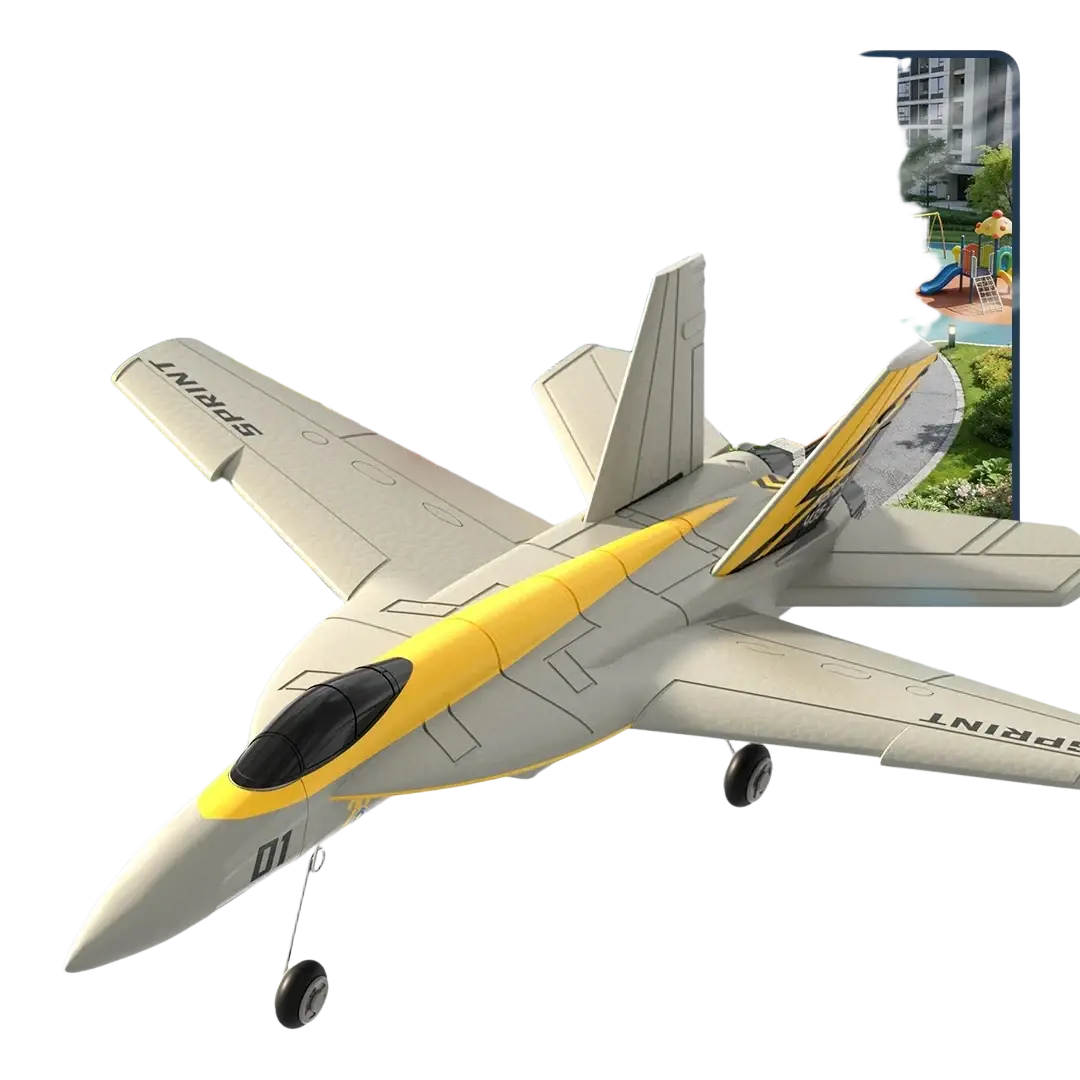 Yellow and gray remote control f18 hornet foam glider jet with sprint branding on the wings
