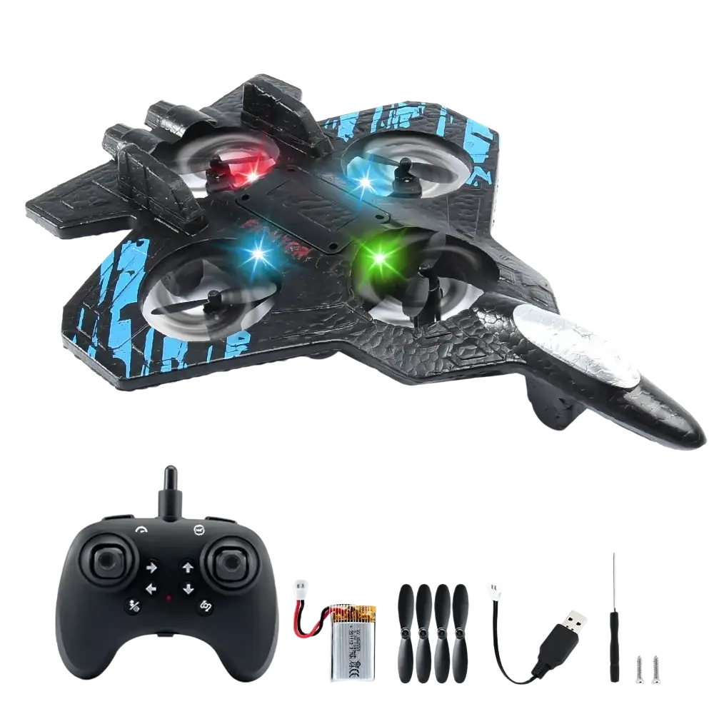 Black and blue remote control fighter jet drone foam toy with glowing red green and white propeller lights