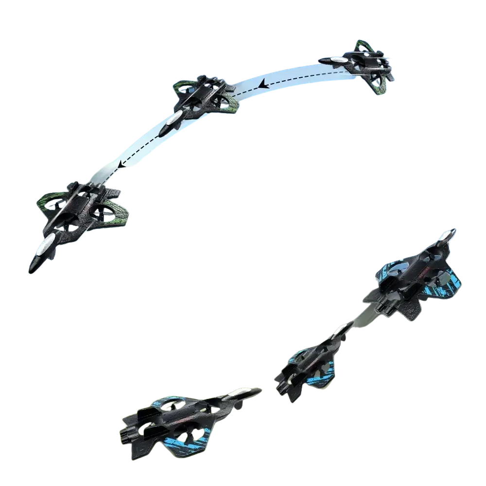 Remote control fighter jet drone foam toy in black and blue with green accents shown from the front side