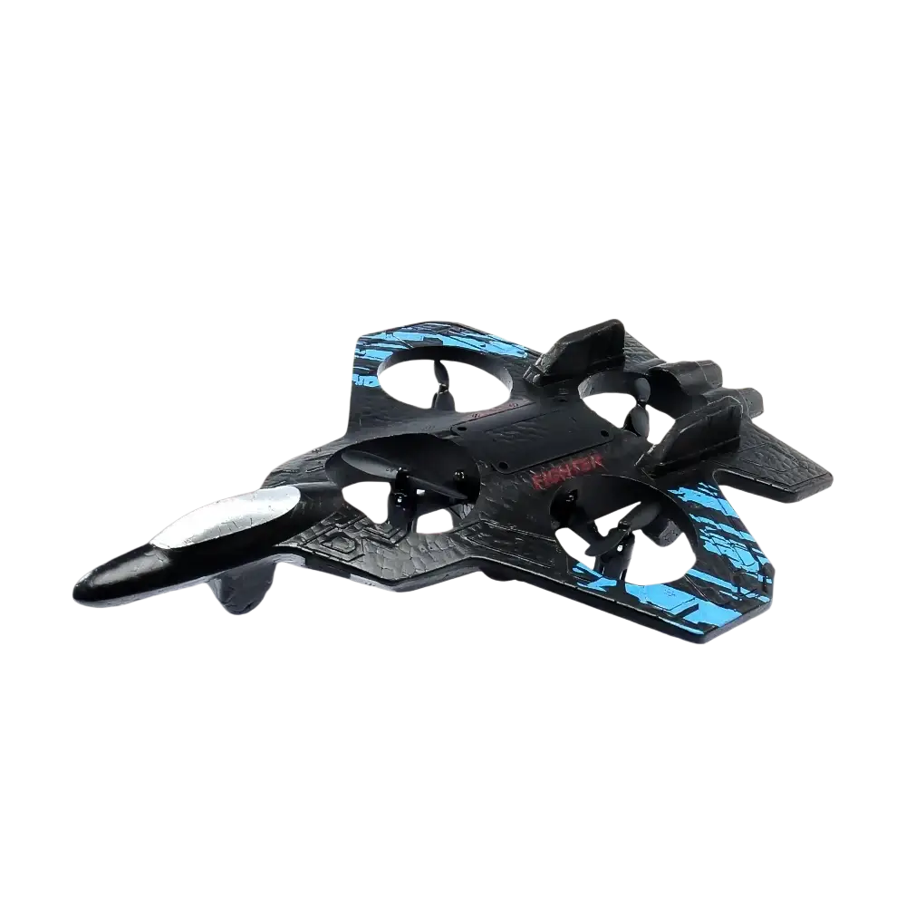 Black and blue remote control fighter jet drone foam toy with sleek futuristic aircraft design for aerial play