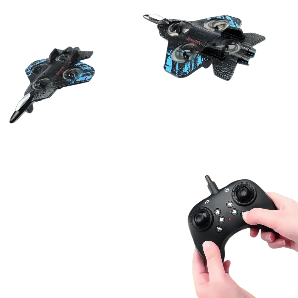 Remote control fighter jet drone foam toy in black and blue with glowing blue thrusters shown from the back side