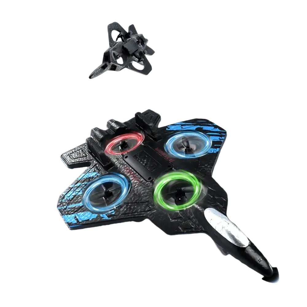Black and blue remote control fighter jet drone foam toy with glowing red green and blue propeller rings