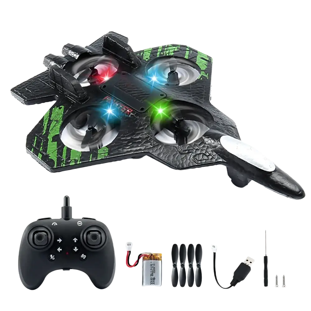 Remote control fighter jet drone foam toy in black and green with glowing red blue and green propeller lights