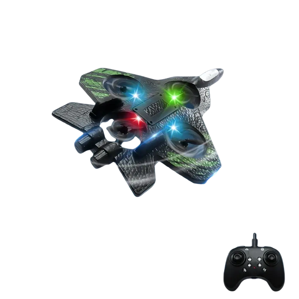 Black and green textured remote control fighter jet drone foam toy with glowing red blue and green lights