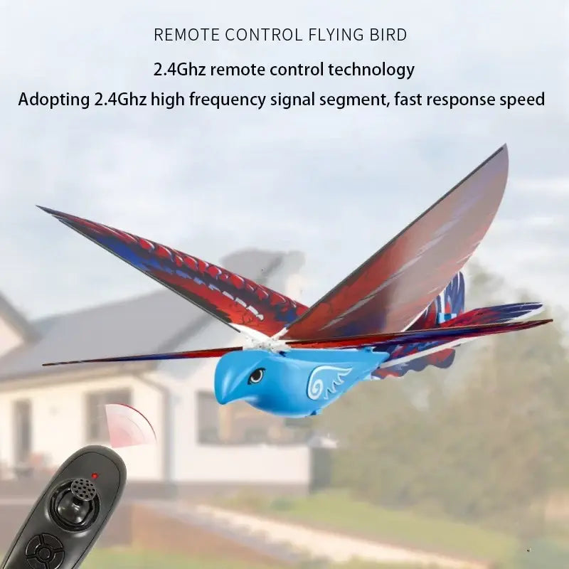 Blue remote control flying bird toy with red and black patterned wings designed for fast outdoor remote control use