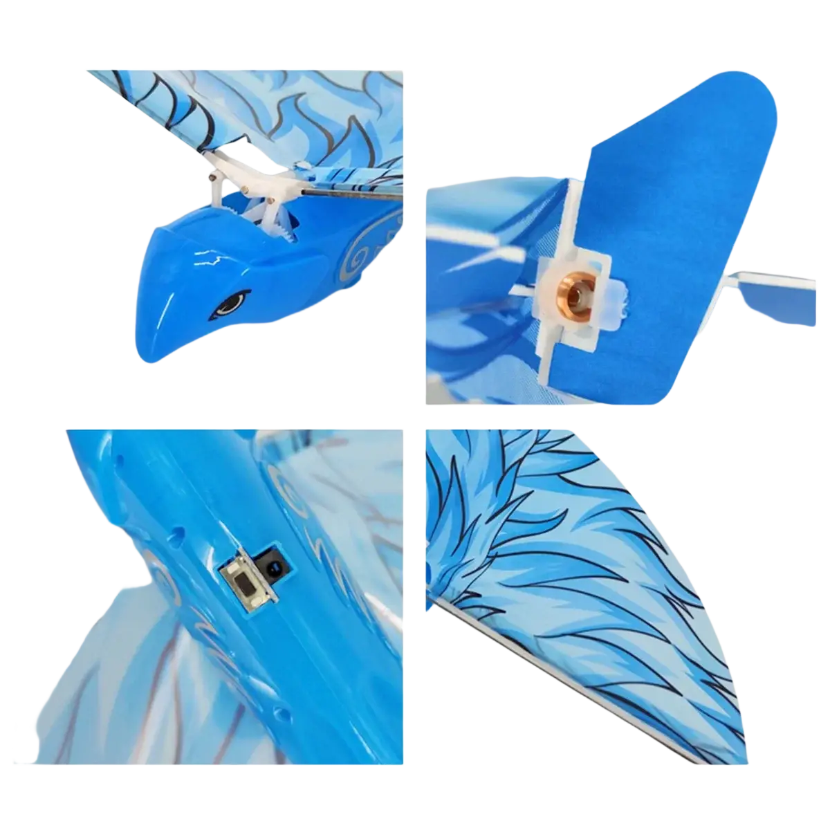 Blue plastic remote control flying bird toy shaped like a dragon with feather-patterned wings and a small mounted camera