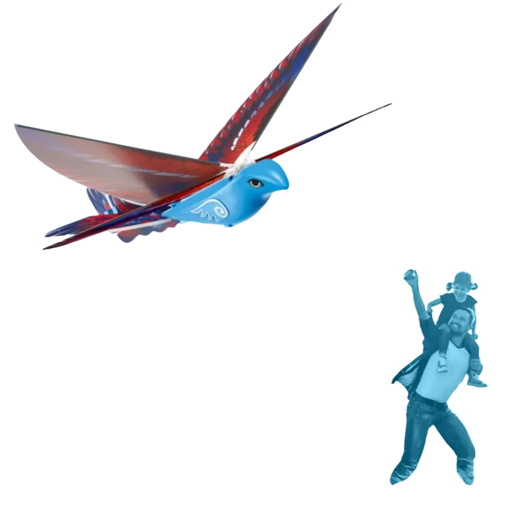 Remote control flying bird toy featuring blue and red aerodynamic swallow wings for outdoor remote control use