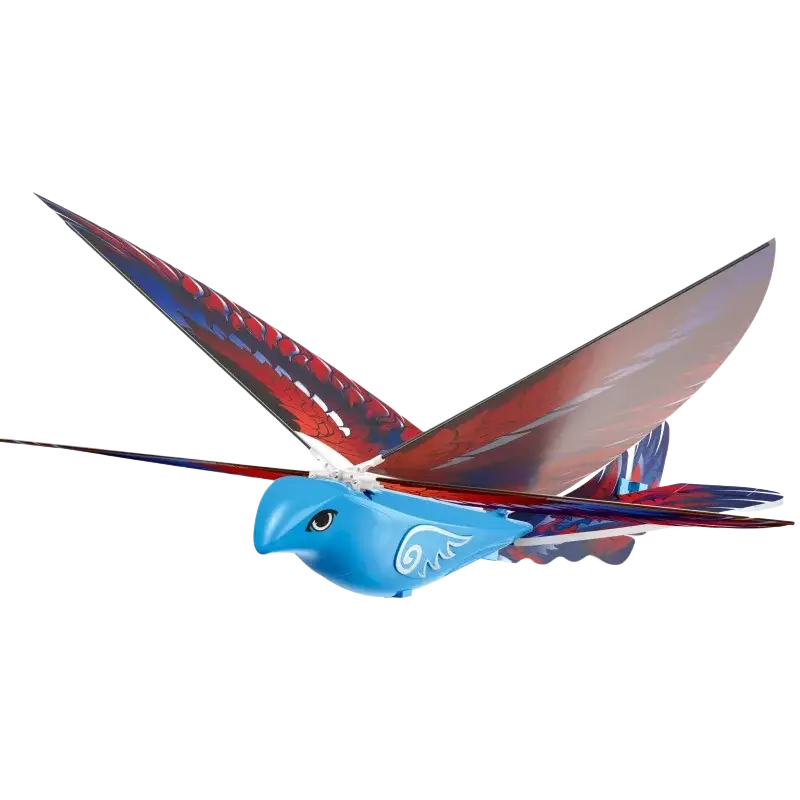 Blue robotic flying bird toy with red and blue patterned wings designed for outdoor remote control flight