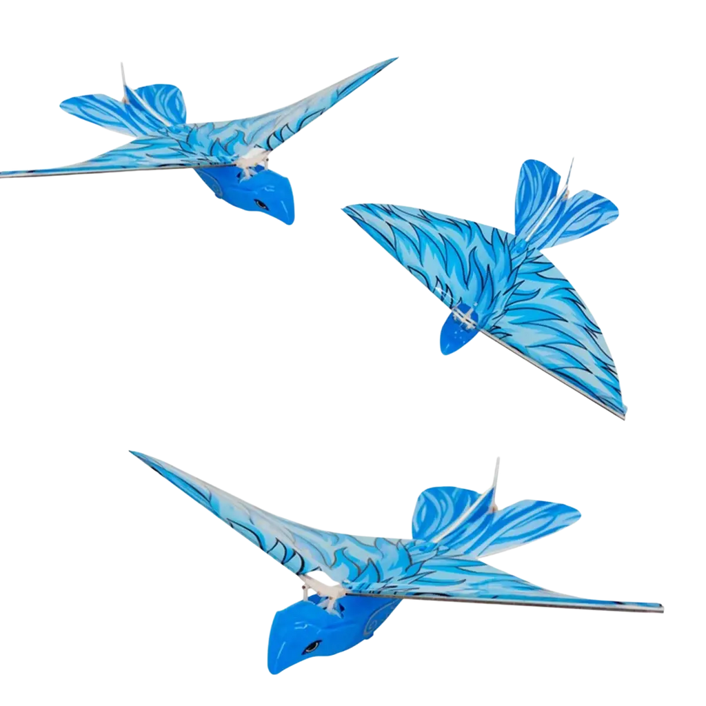 Blue remote control flying bird toy with feather-like patterns designed for outdoor remote control use