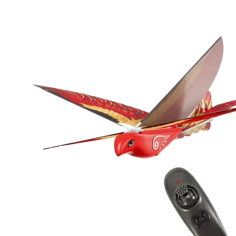 Red and gold remote control flying bird toy with detailed feather patterns for outdoor remote control fun