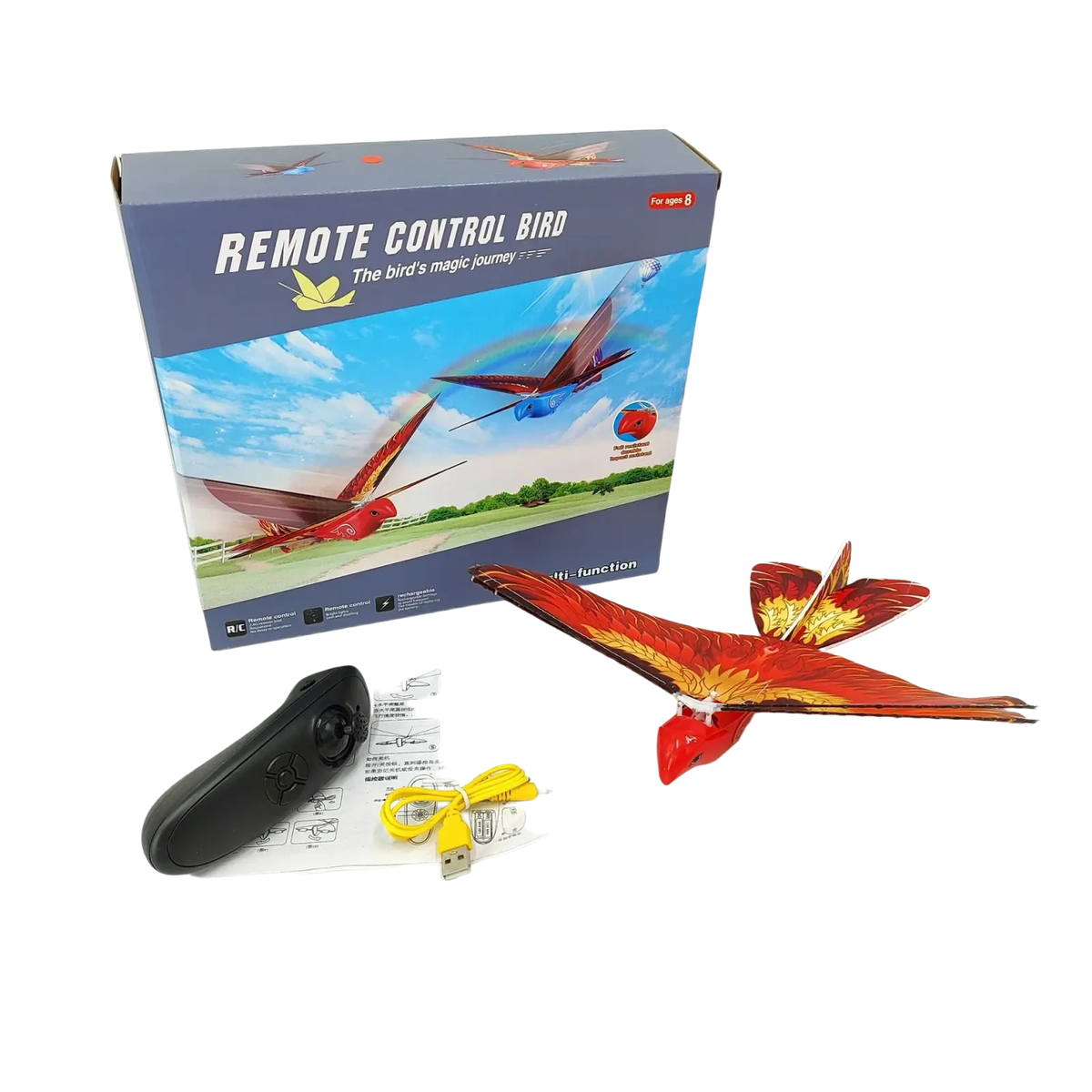 Red and orange remote control flying bird toy with sleek glossy finish for outdoor remote control use
