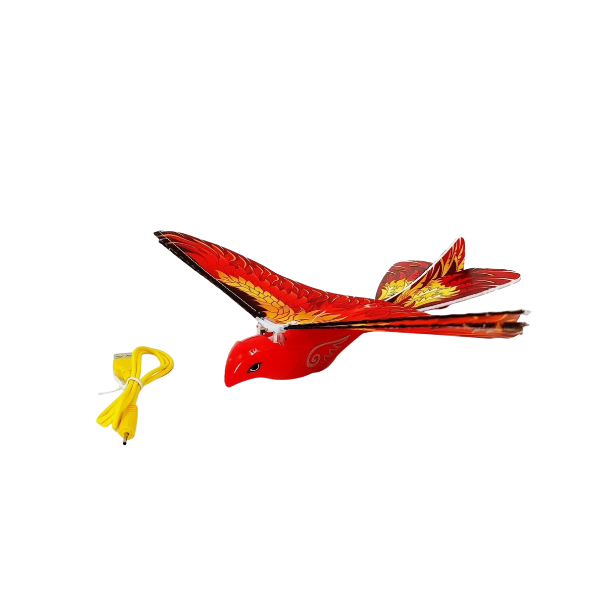 Red and yellow remote control flying bird toy with flame-like wing patterns for outdoor remote control use