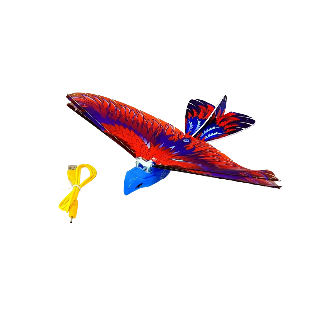 Remote control flying bird toy with vibrant red and blue plastic body, detailed feather patterns for outdoor use