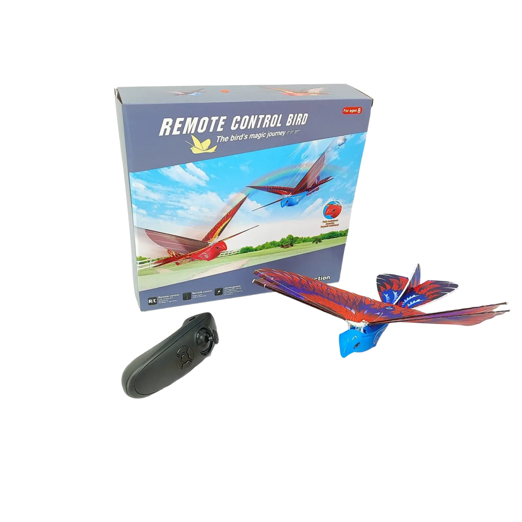 A vibrant red and blue remote control flying bird toy with iridescent wing panels for outdoor remote control use