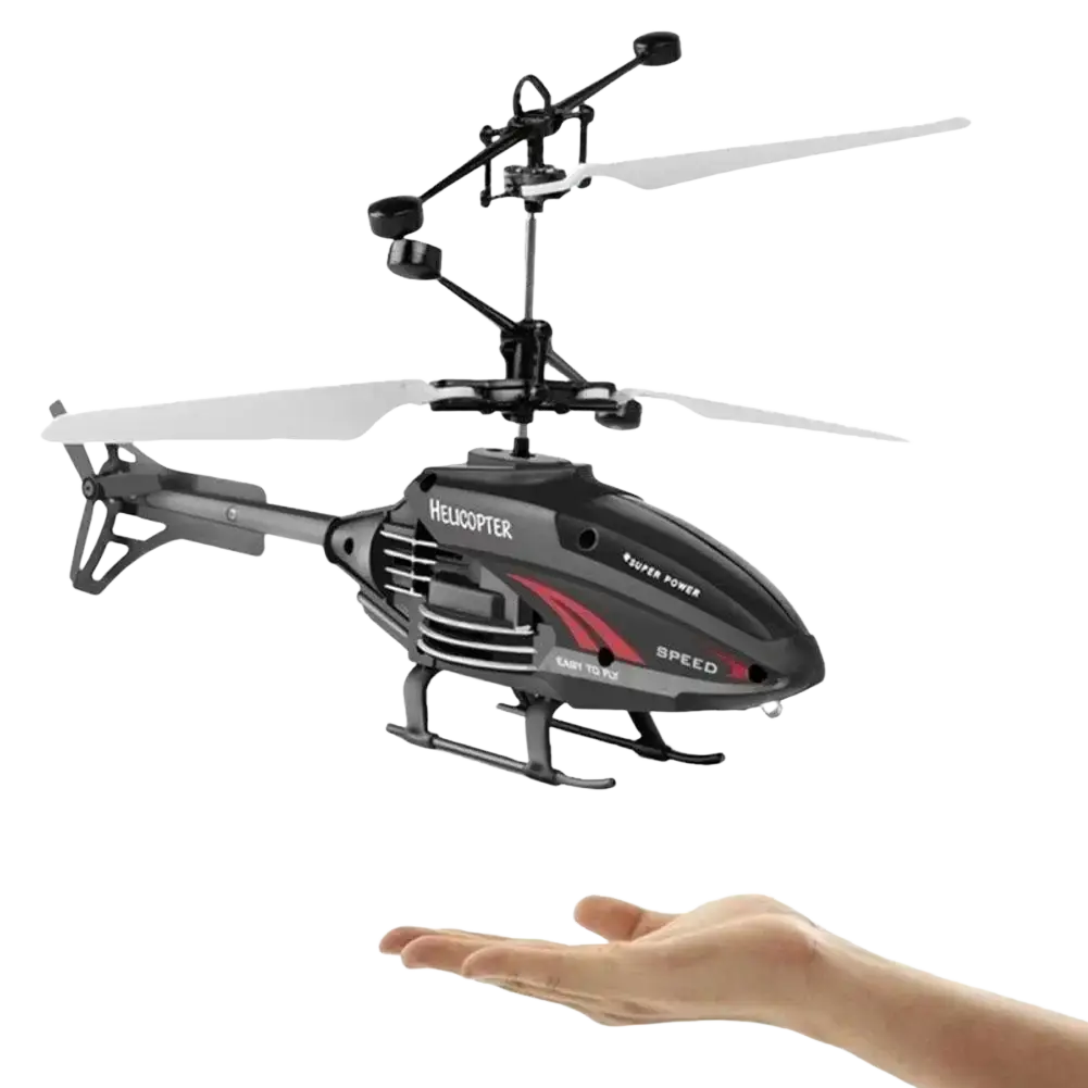 Remote control flying helicopter toy usb rechargeable in black and red with white blades and super power speed branding