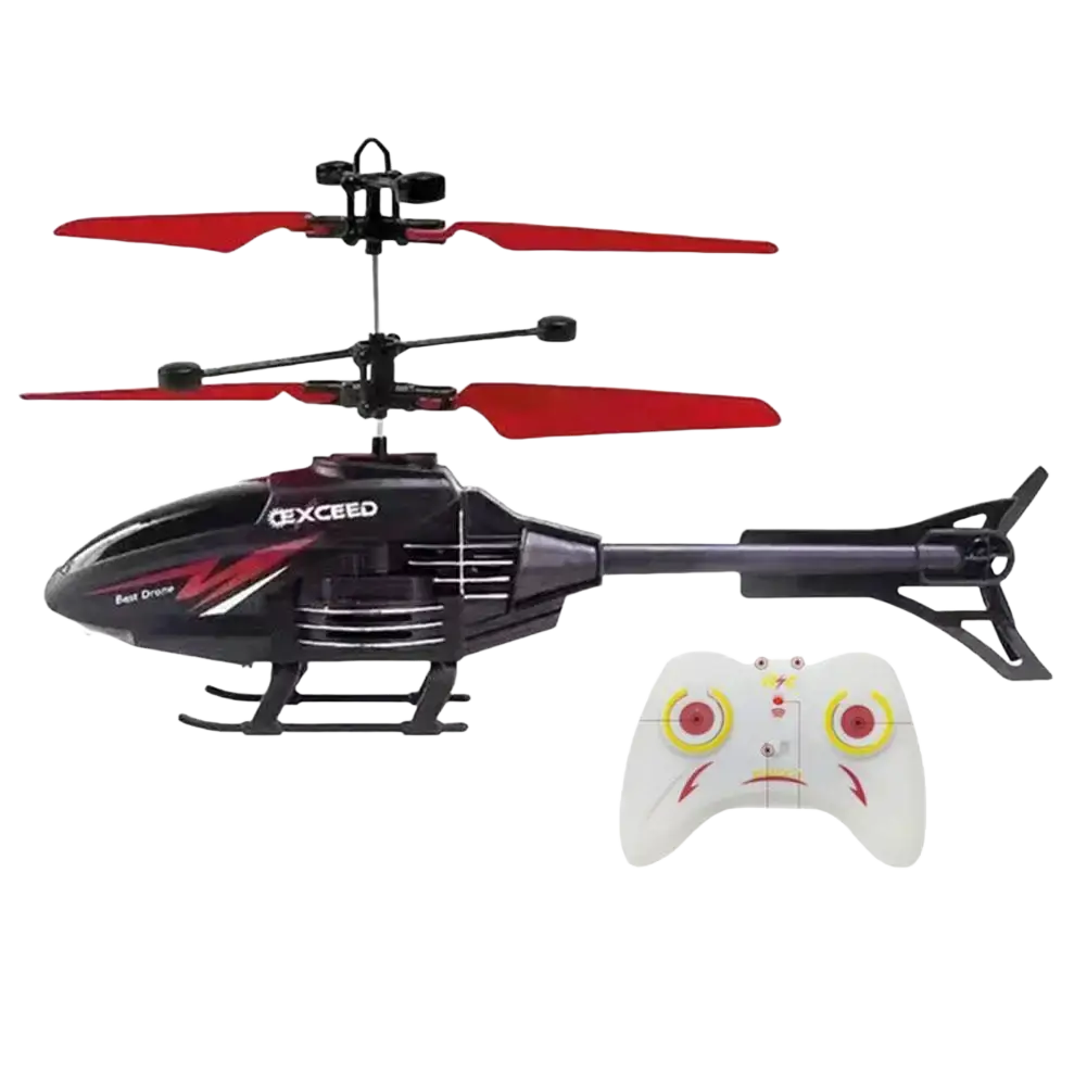 Black and red exceed brand remote control flying helicopter toy with white usb rechargeable controller featuring yellow accents