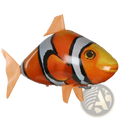 Orange and white remote control flying shark air swimmer inflatable toy shaped like a glossy plastic robotic clownfish