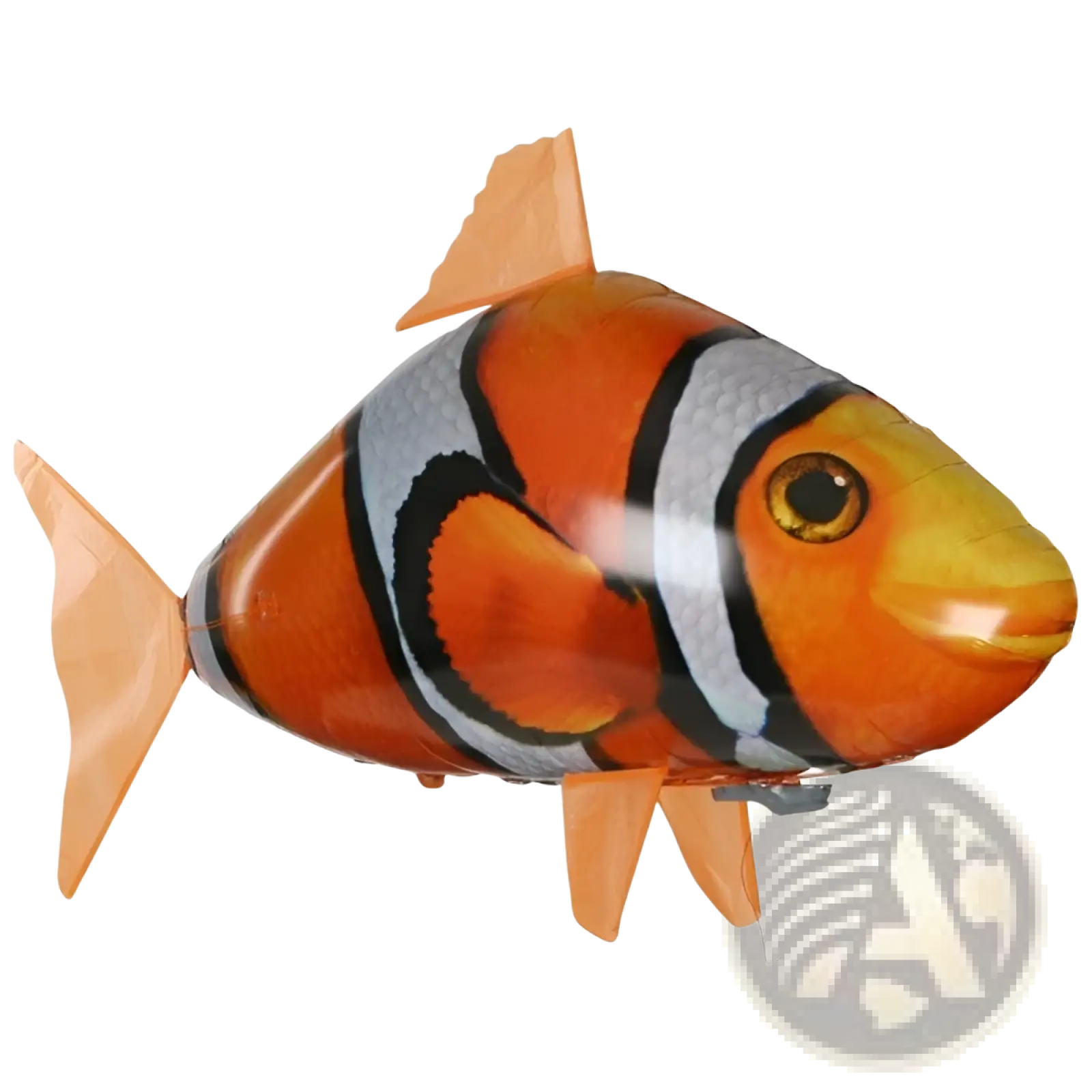 Orange and white remote control flying shark air swimmer inflatable toy shaped like a glossy plastic robotic clownfish