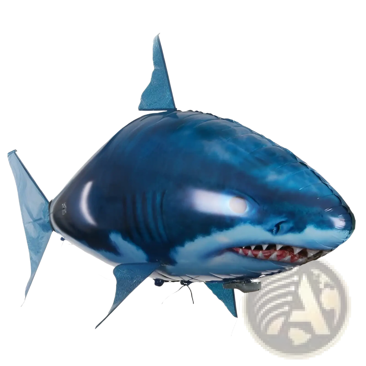 Remote control flying shark air swimmer inflatable toy in blue with detailed fins and a menacing grin