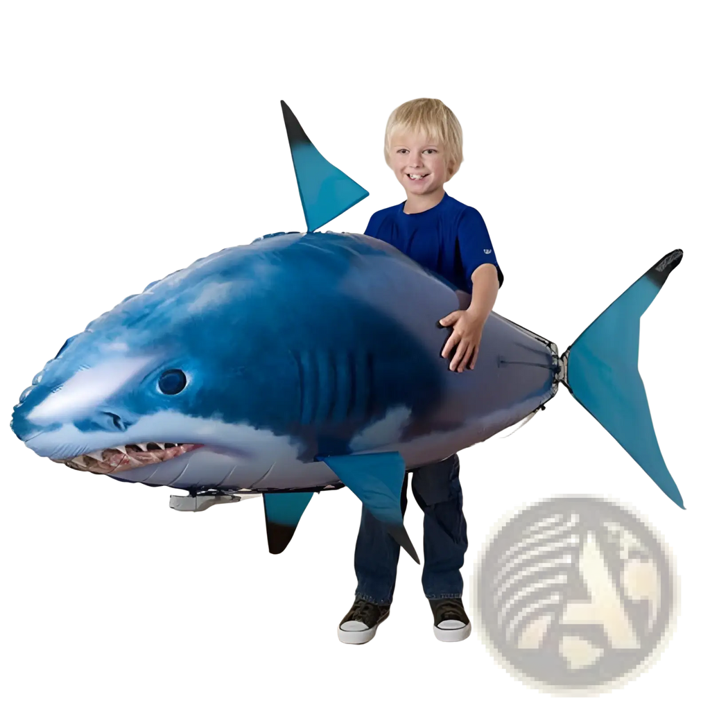 Remote control flying shark air swimmer inflatable toy in blue and gray with detailed fins teeth and metallic silver motor unit