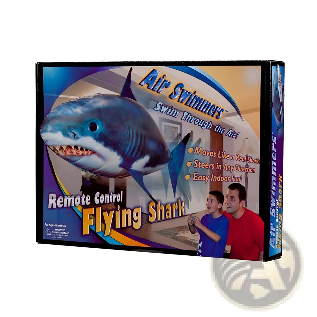 Remote control flying shark air swimmer inflatable toy with blue and white body designed to swim through the air