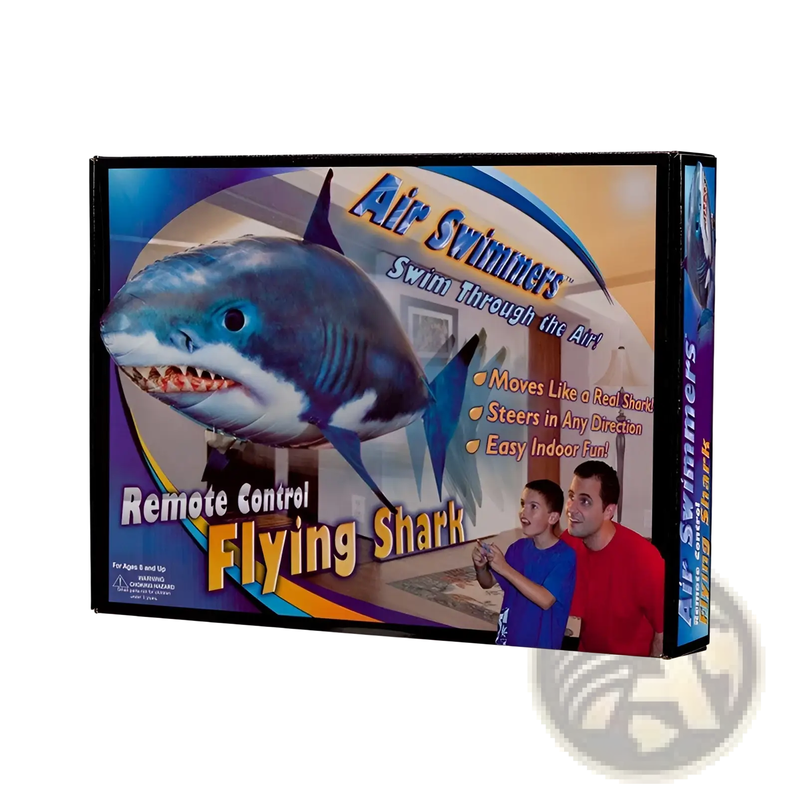 Remote control flying shark air swimmer inflatable toy with blue and white body designed to swim through the air