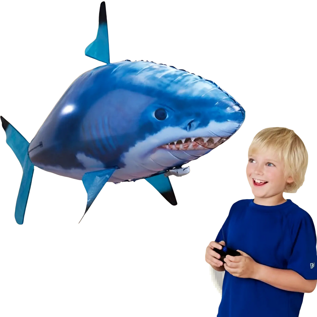 Blue remote control flying shark air swimmer inflatable toy with black-tipped fins and detailed toothy grin