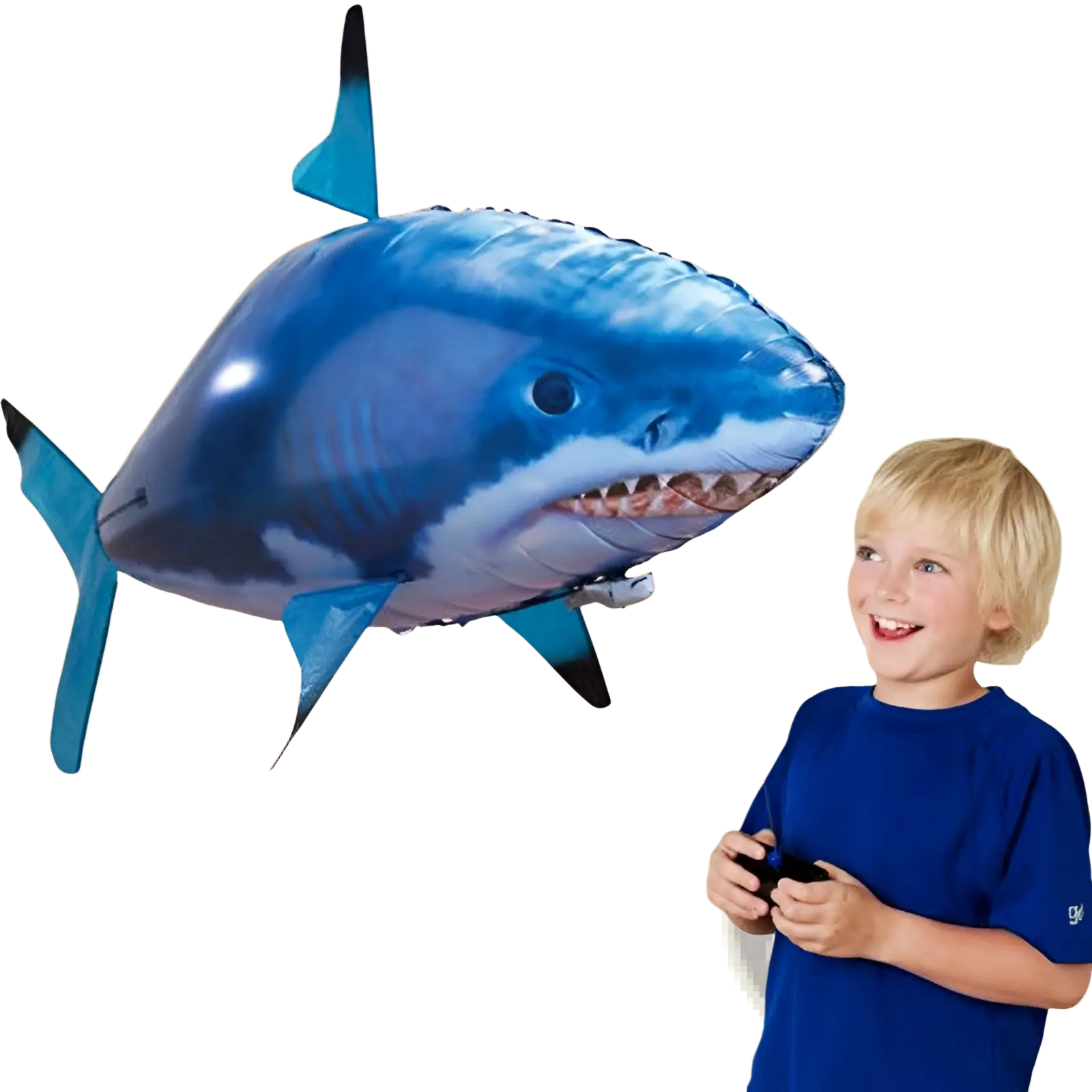 Blue remote control flying shark air swimmer inflatable toy with black-tipped fins and detailed toothy grin