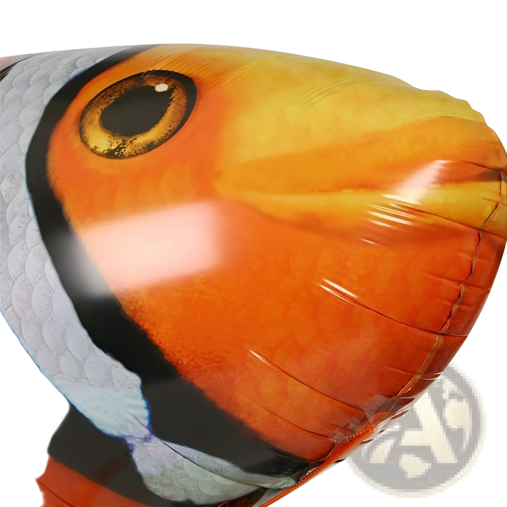 Remote control flying shark air swimmer inflatable toy featuring vibrant orange white and black inflatable clownfish design