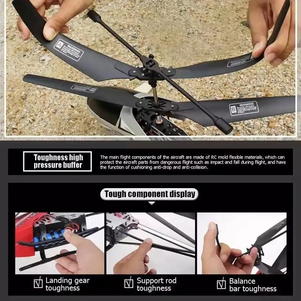 Black remote control helicopter with silver lithium battery body and flexible molded plastic blades for extended charging time