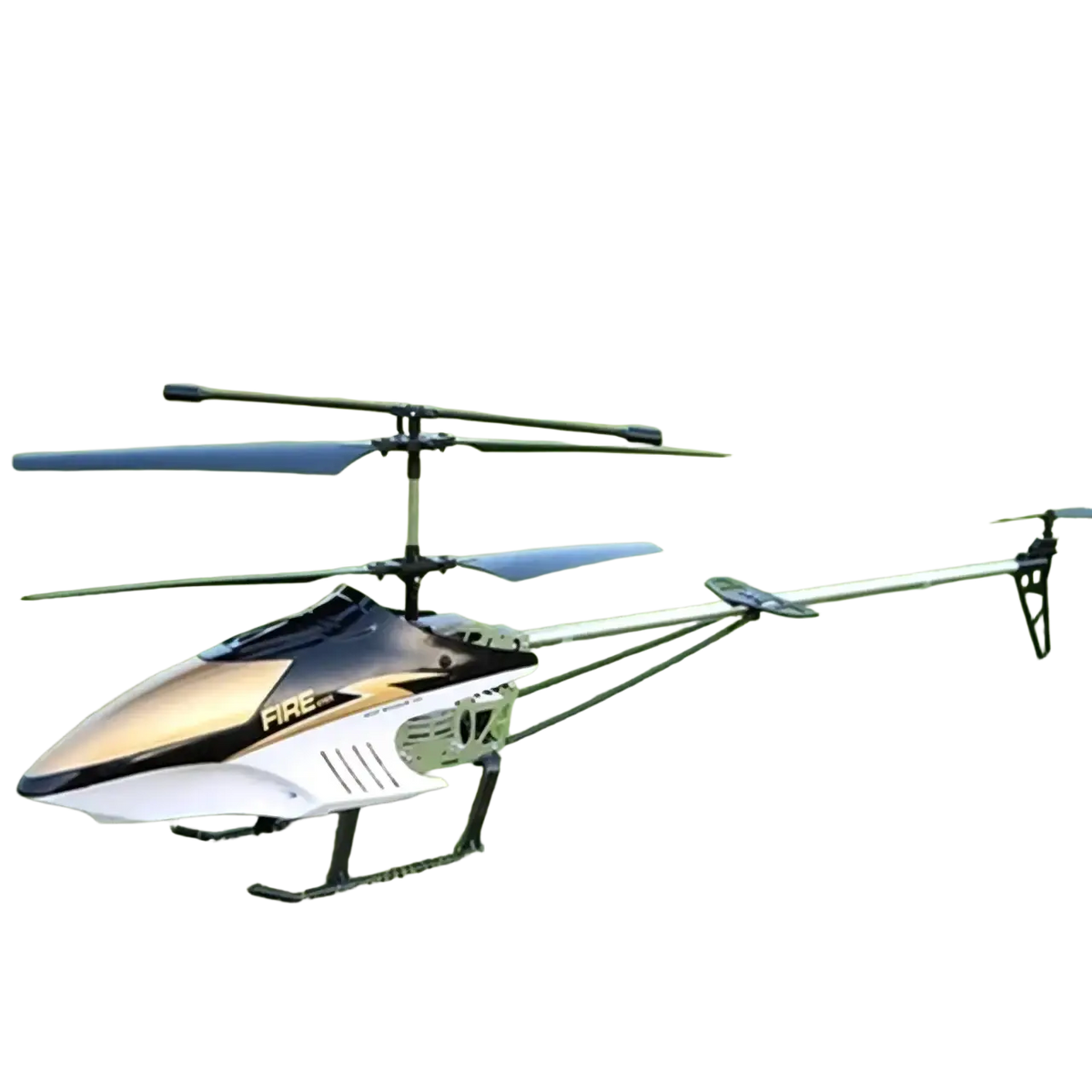 Remote control helicopter 80cm with lithium battery black white gold body and blue rotor blades for extended flight time