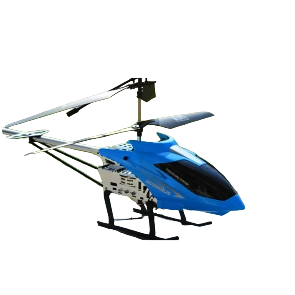 Blue and black remote control helicopter with silver blades and lithium battery offering efficient flight time and charging time
