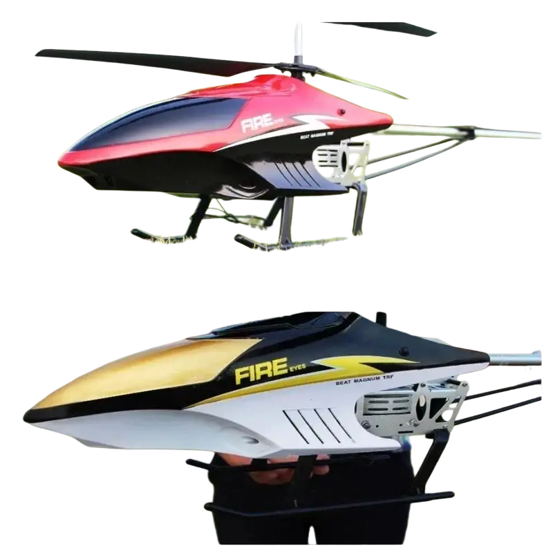 Red and black remote control helicopter with fire branding featuring 80cm size and lithium battery for optimal flight time and charging time