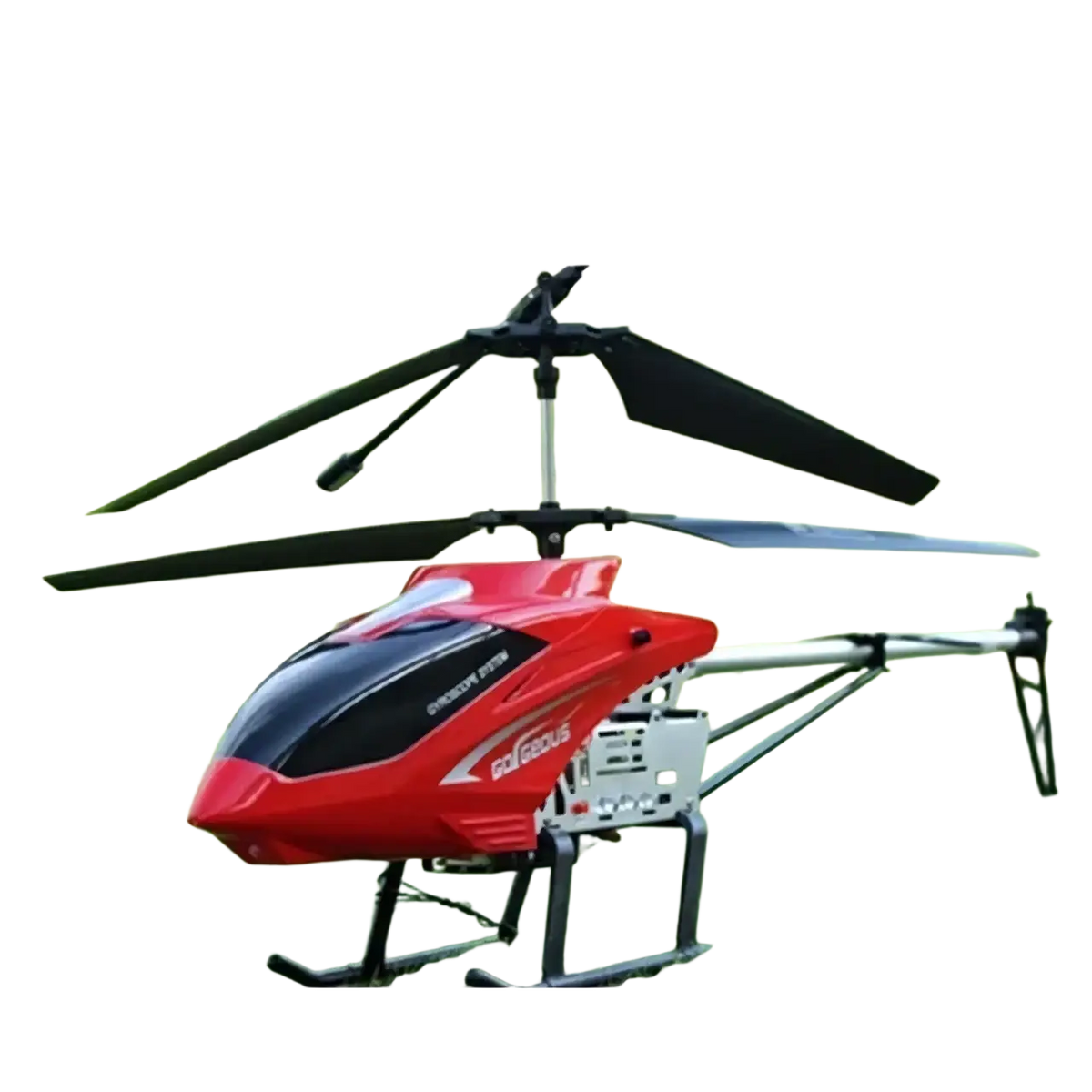 Red and black remote control helicopter with sleek aerodynamic design featuring 80cm lithium battery and fast charging time