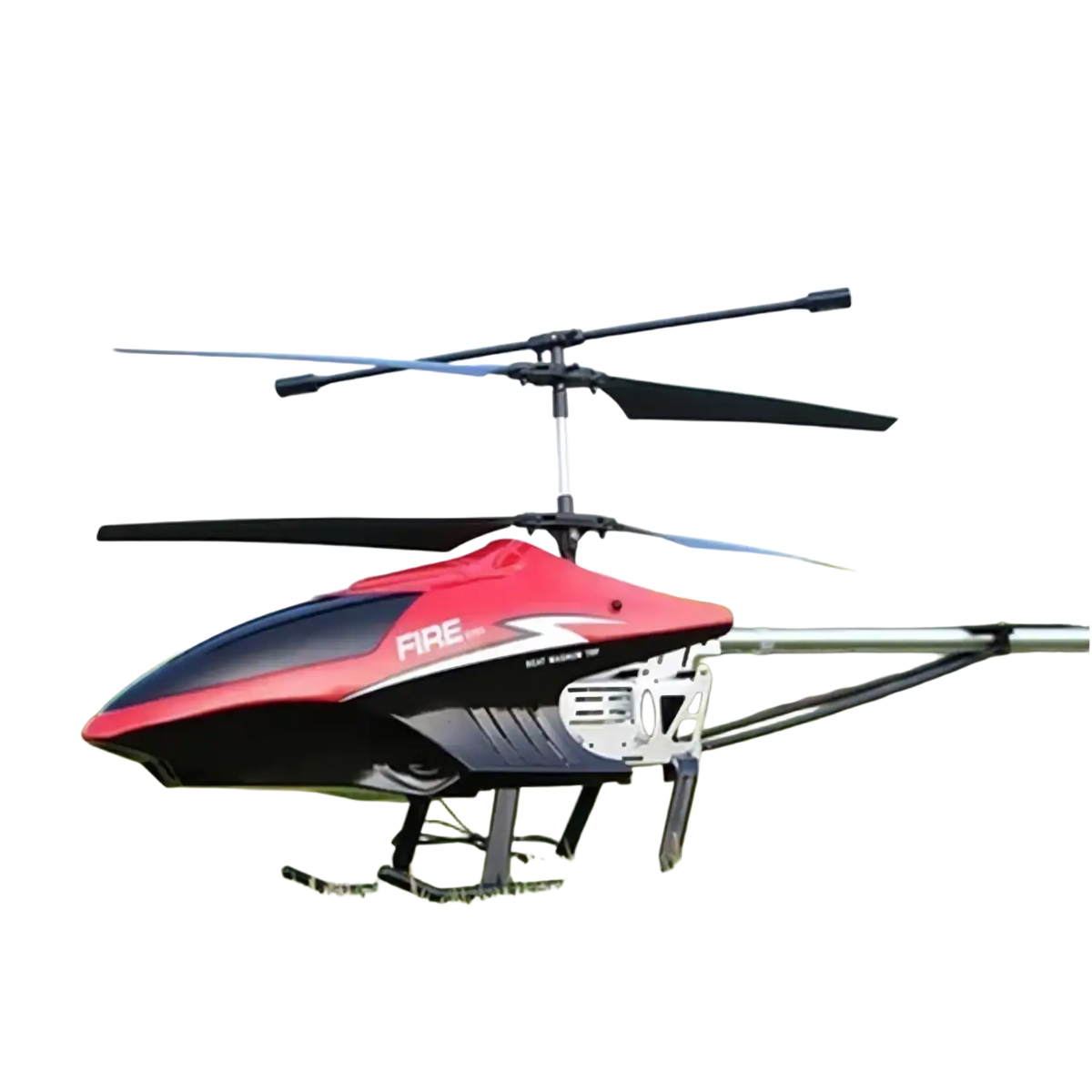 Red and black remote control helicopter with fire branding featuring an 80cm lithium battery with efficient charging time
