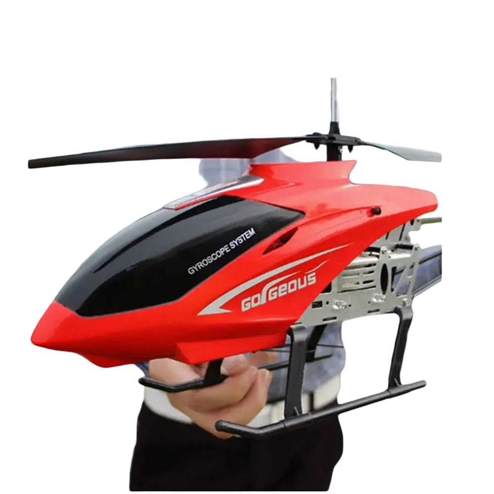 Red and black remote control helicopter with glossy finish and gorgeous brand featuring 80cm lithium battery and fast charging time