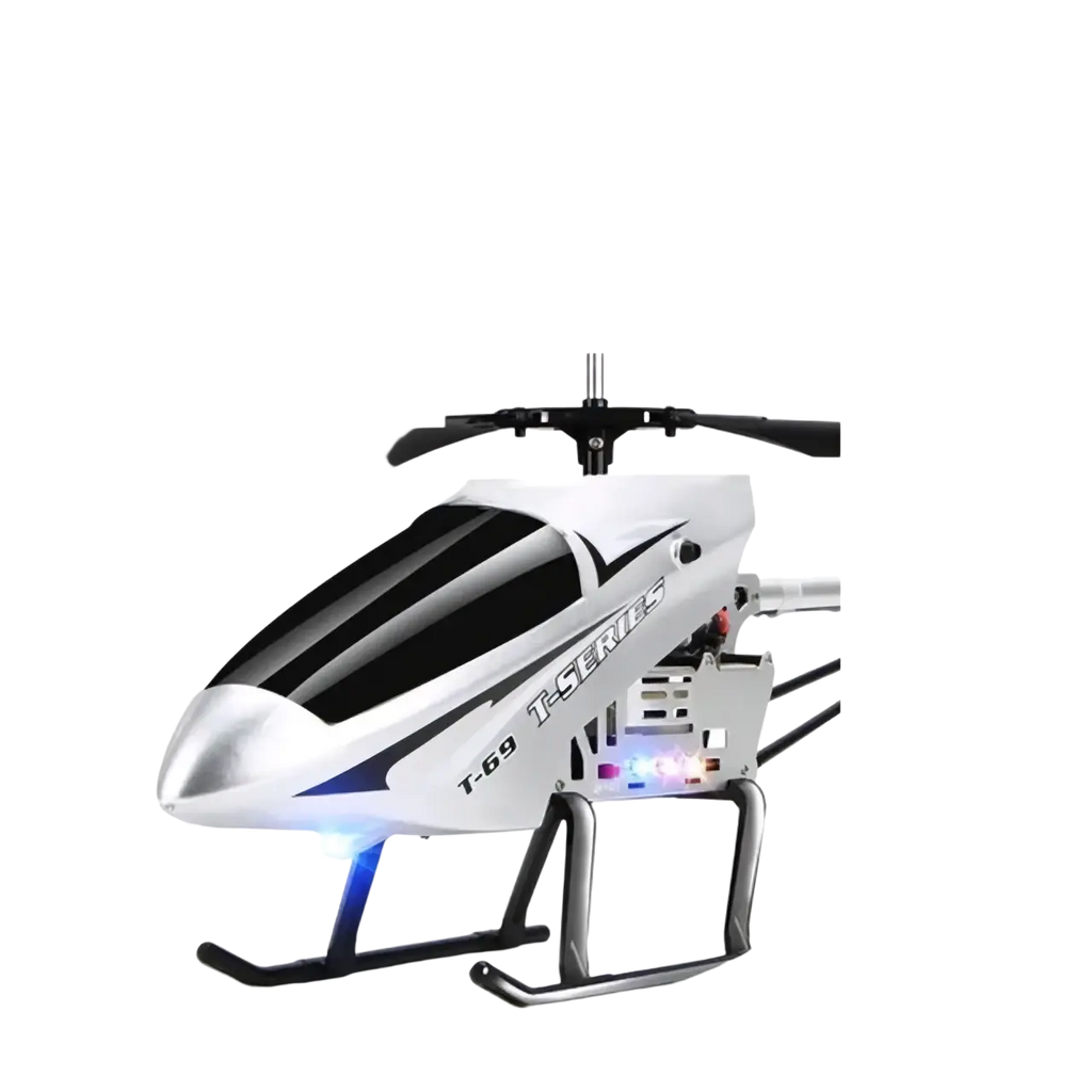 Silver and black remote control helicopter with led lights featuring 80cm lithium battery flight time and charging time details