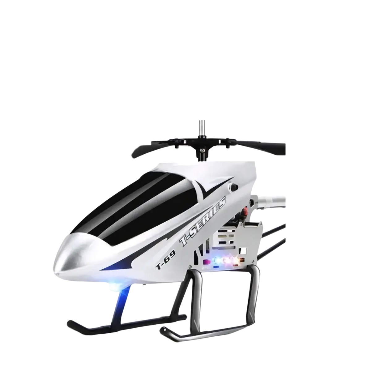 Silver and black remote control helicopter with led lights featuring 80cm lithium battery flight time and charging time details