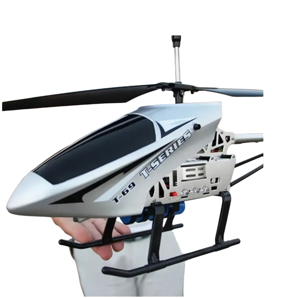 Silver and black mbl t-series t-69 remote control helicopter with 80cm lithium battery and fast charging time