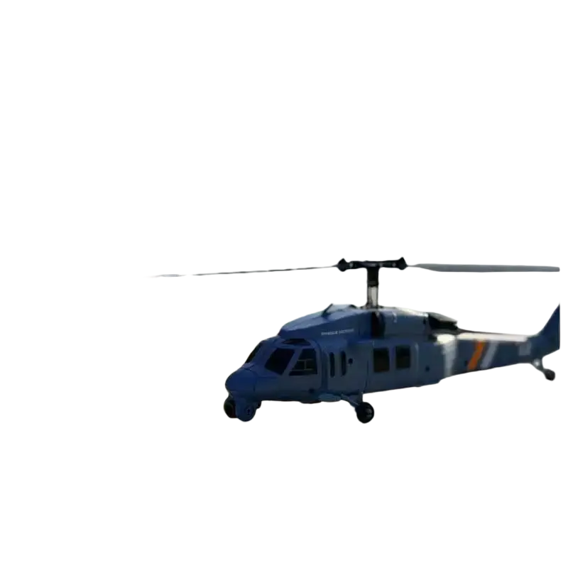 Remote control helicopter with 8k camera in blue and gray with orange and yellow tail stripes