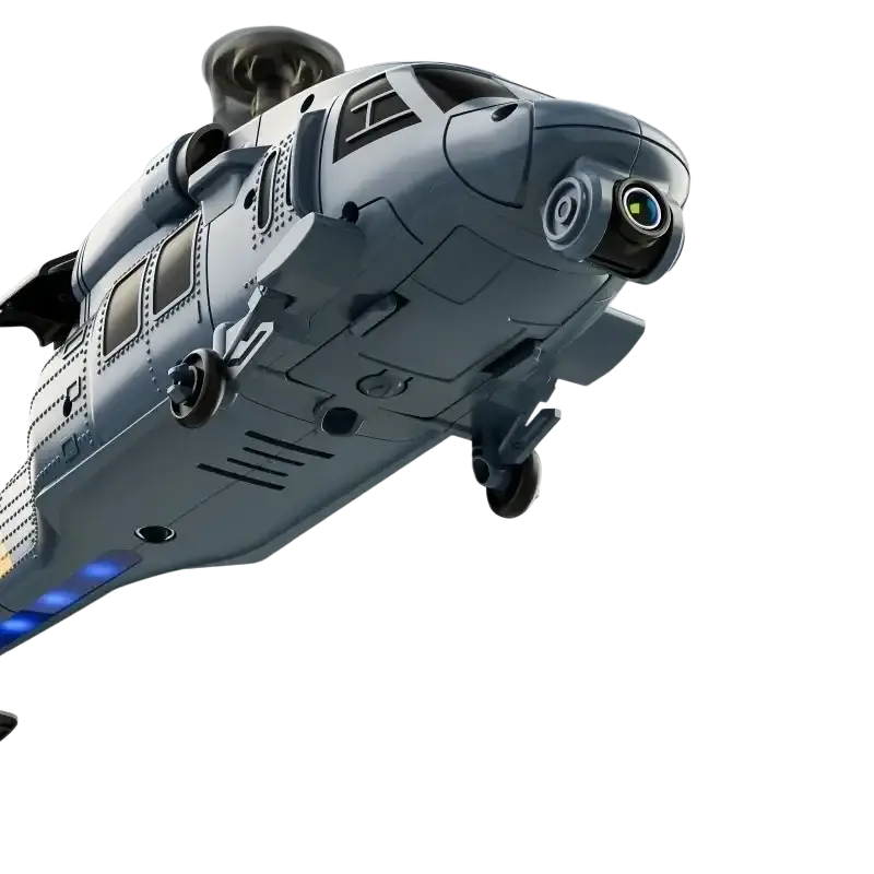 Gray remote control helicopter with 8k hd main camera and blue led lights along its underside for aerial filming