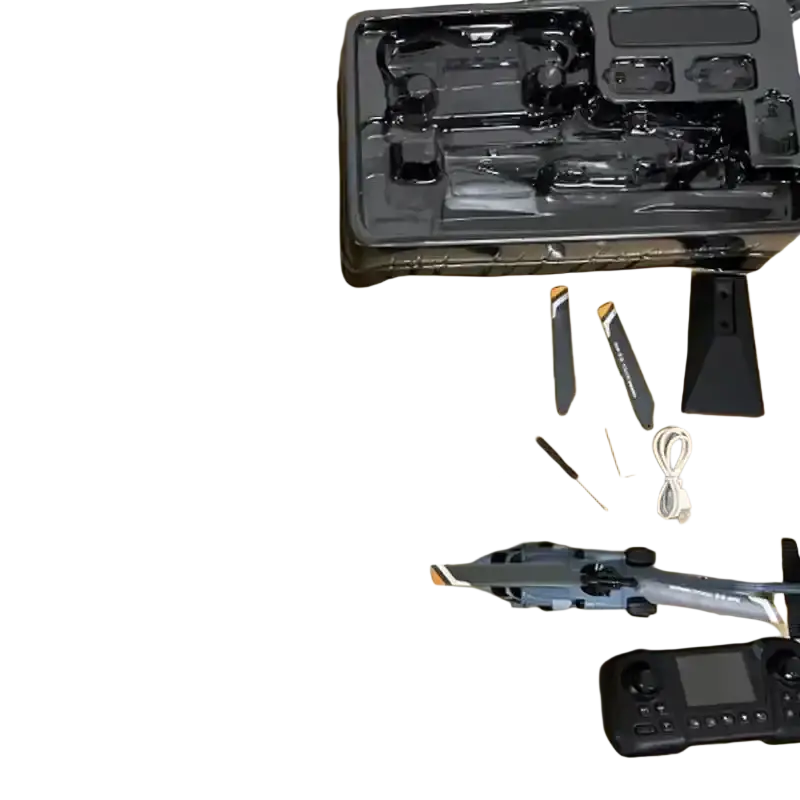 Gray and black remote control helicopter with detailed rotor blades landing skids cockpit and 8k camera features