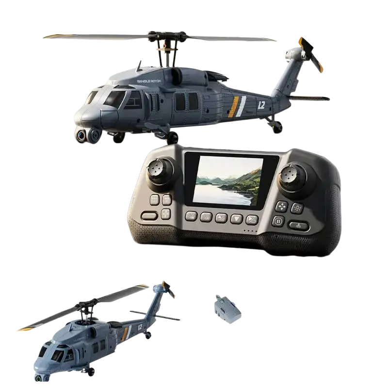 Gray remote control helicopter with black and yellow accents featuring 8k camera and detailed cockpit and rotor blades