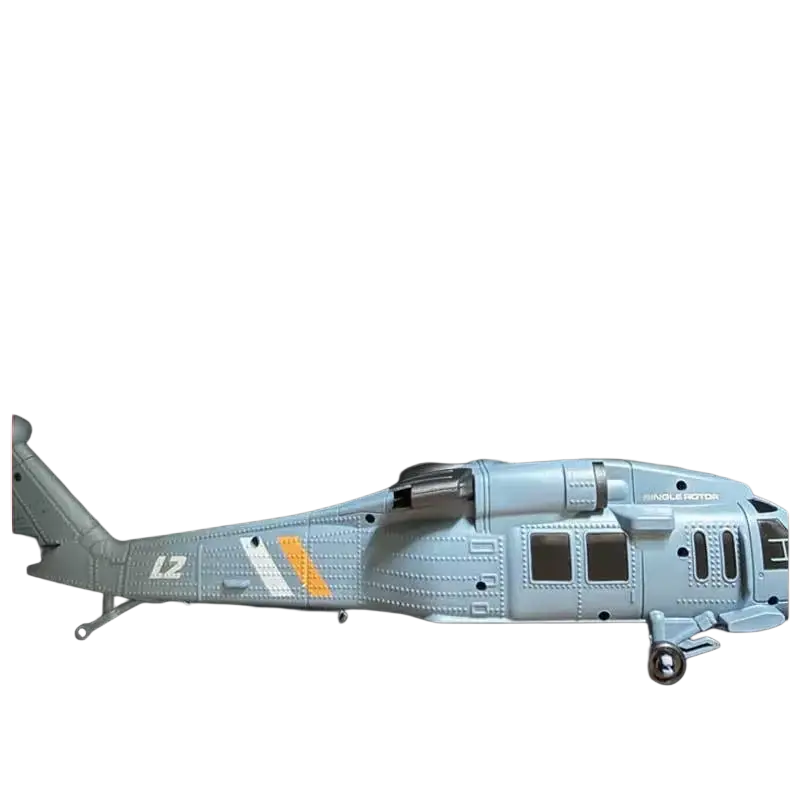 Light blue remote control helicopter with gray and orange markings featuring single rotor and 8k camera