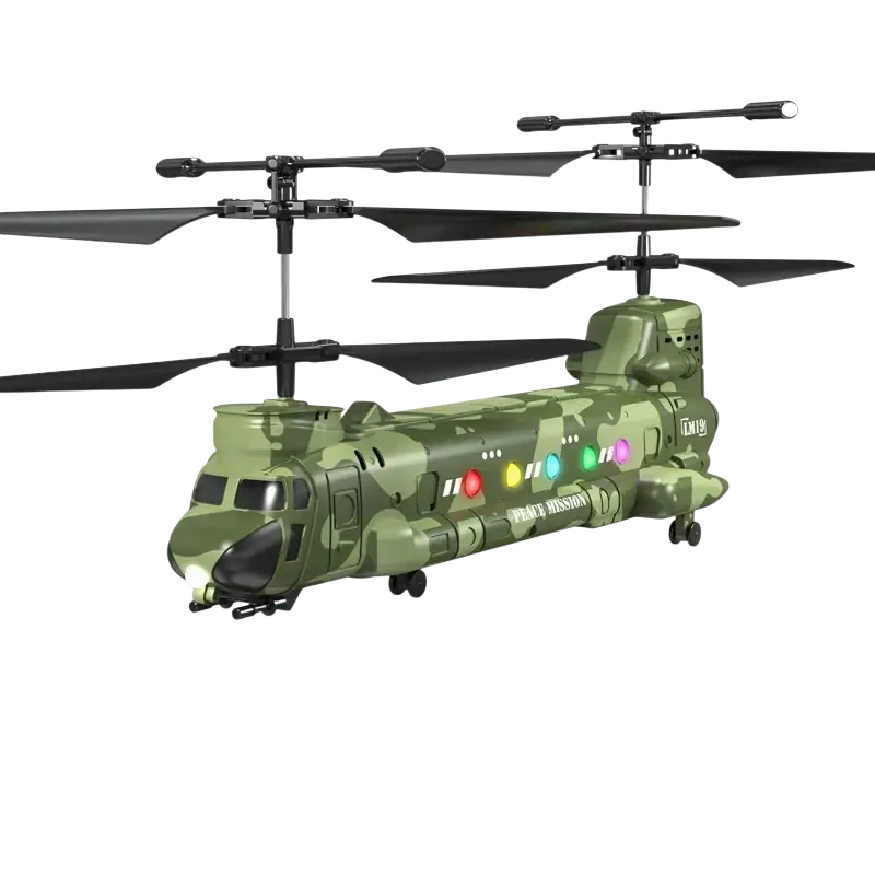 Camouflage military green remote control helicopter with black rotors and led lights for aerial photography and ability development