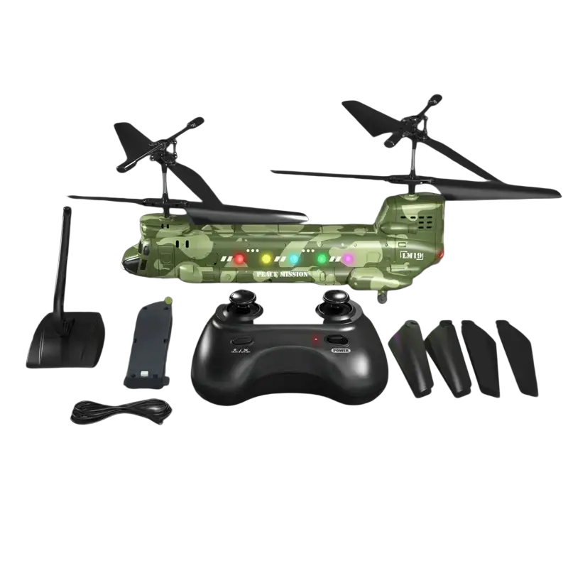 Green camouflage remote control helicopter with led lights designed for aerial photography and ability development toy