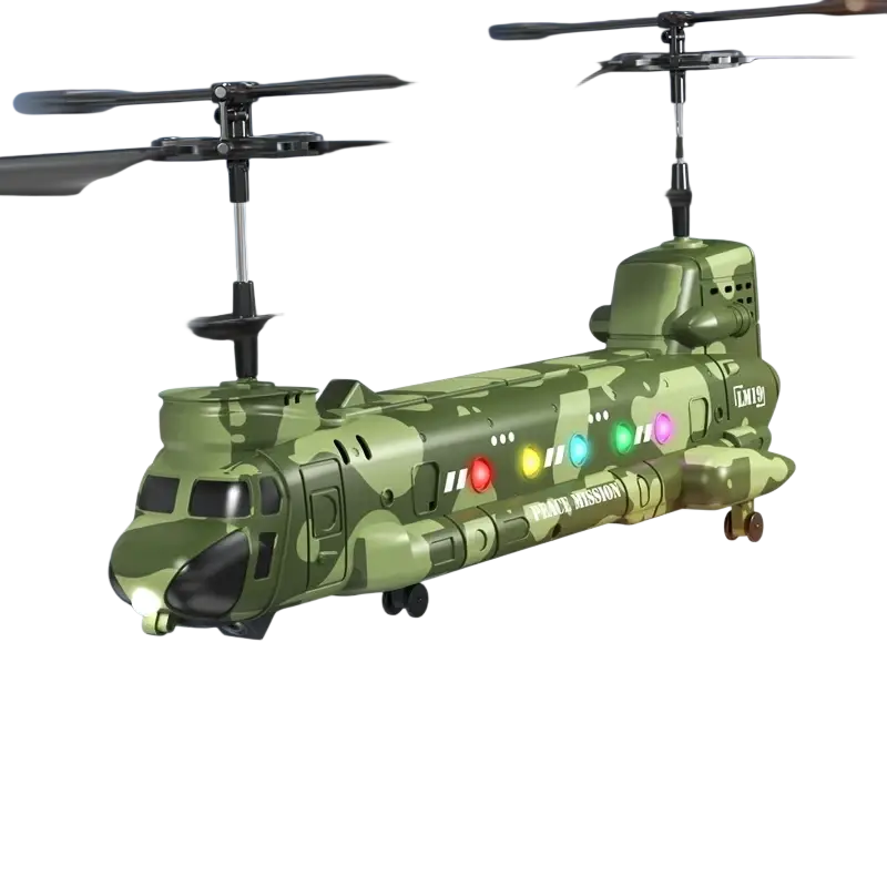 Green camouflage remote control helicopter with led lights and peace mission decal for aerial photography and ability development