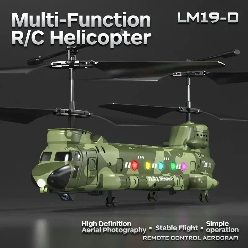 Olive green camouflage remote control helicopter with led lights and peace mission decal for aerial photography and ability development